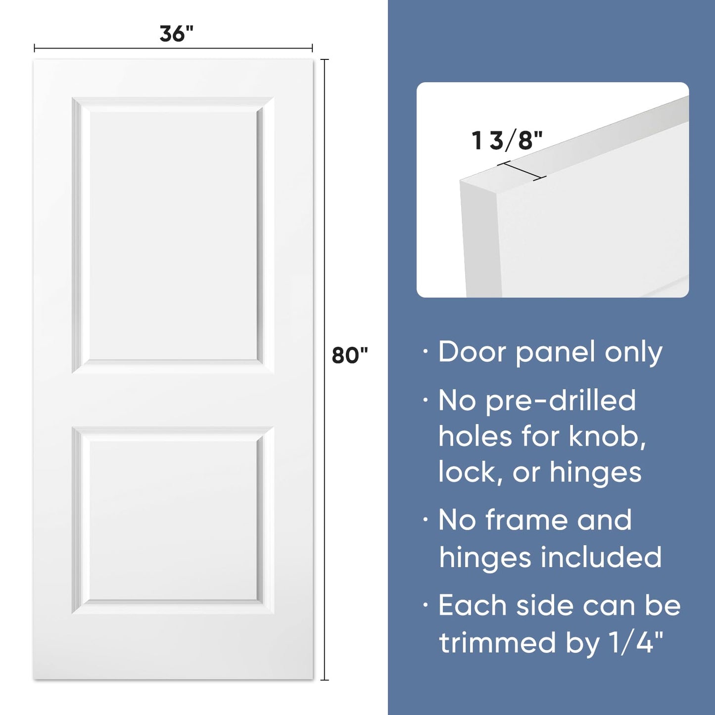 BARNSMITH 36x80 in Raised 2-Panel Square Top Smooth White Primed Molded Door Slab, Paintable Hollow Core Interior Door Panel, for Swing, Pocket, Sliding Door, Durable and Lightweight