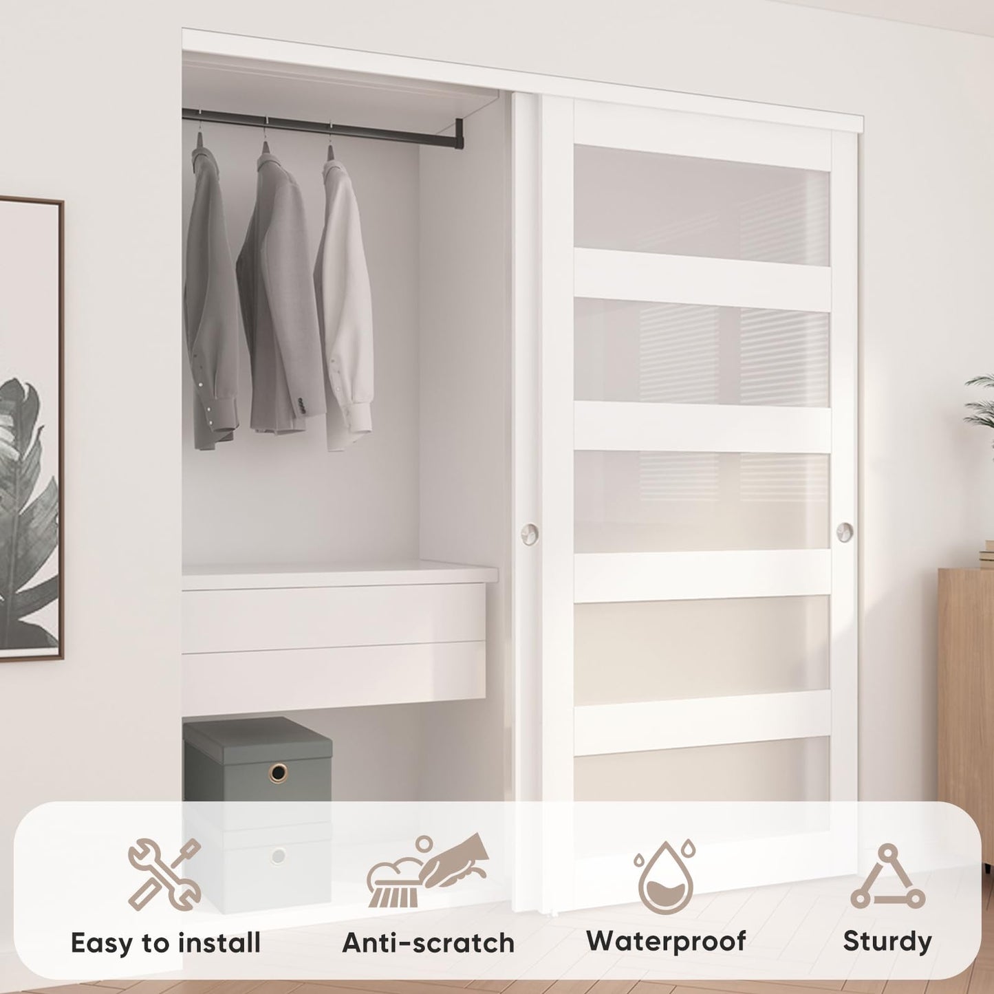 JUBEST Sliding Closet Door 72"(Double 37") x 80", 5-Lite Frosted Glass Bypass Door with Hardware Kit & Matching Fascia, Pre-Drilled Solid Wood Slab with Water-Proof PVC Surface, Easy to Install, White