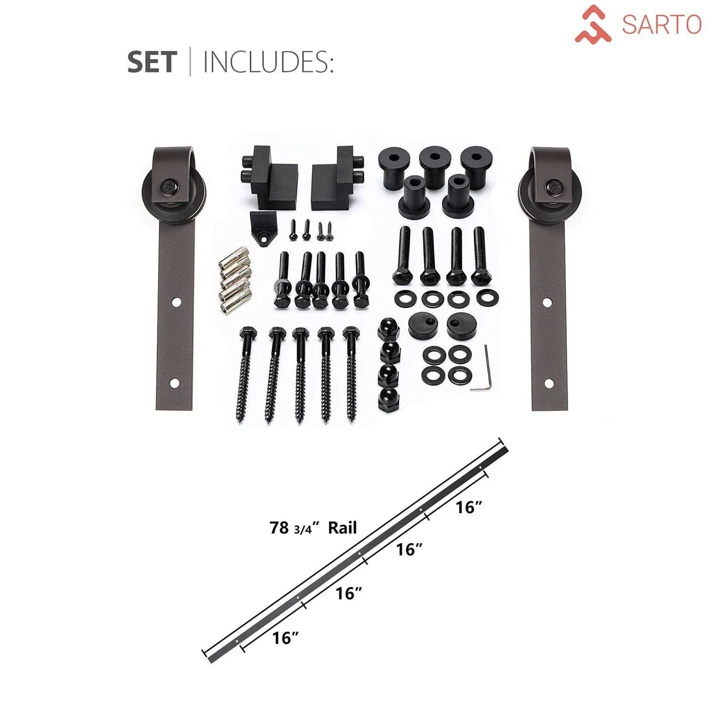 SARTODOORS Quadro 4088 Barn Door 32 x 96 in, Black Matte Solid MDF Core, Sliding Interior Door Slab with 6.6 FT Black Rail Hardware Included