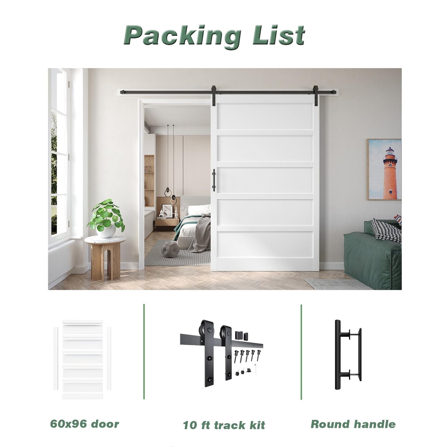 Fredbeck 60x96 Inch White Sliding Barn Door Slab with 10ft Hardware Kit Included, 5-Panel,White Doors for Bedroom