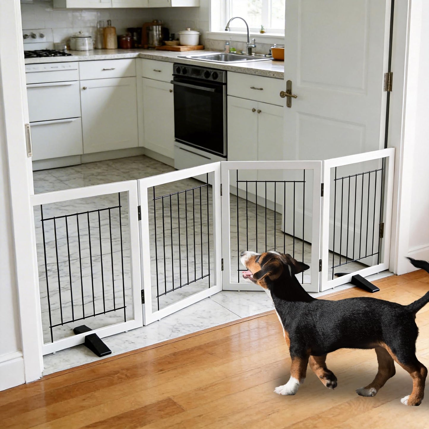 ZJSF Freestanding Dog Gate Indoor, Foldable Dog Fence for Doorways,Hallways or Stairs, Sturdy Wood Extra Wide Pet Gate with Support Feet,White,24 "Height-4 Panels