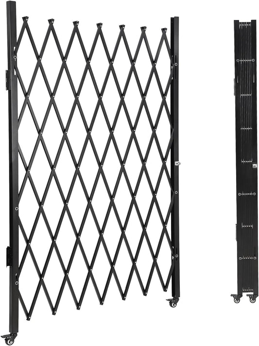 MERXENG Single Folding Security Gate 67" h x 71" w, Steel Expandable Fence with 360° Rolling Wheels for Courtyard, Garage, and Garden Access Control
