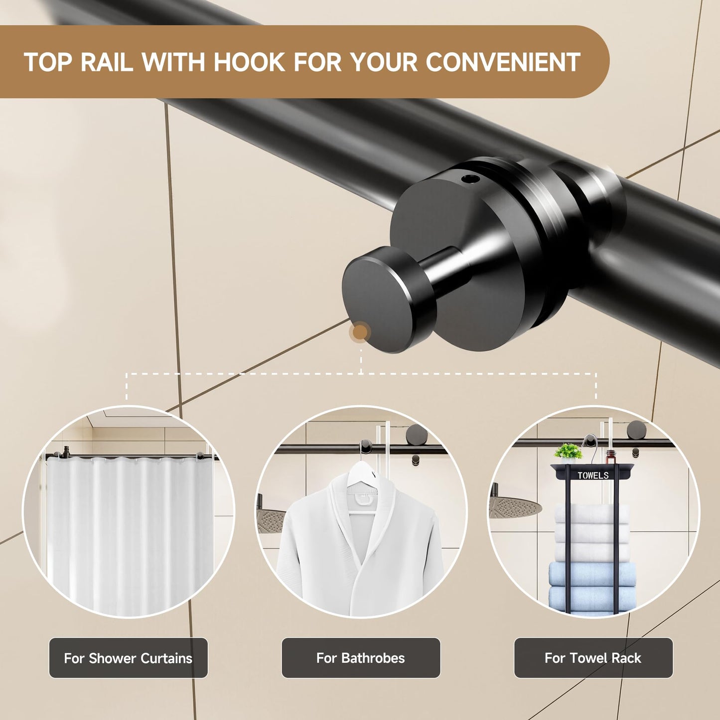 Frameless Shower Door with Round Top Tube - 56-60" W x 76" H Sliding Glass Shower Door,Matte Black, 1/4"(6mm) Tempered Clear Glass with Explosion-Proof Film Nano Coating, Easy Clean