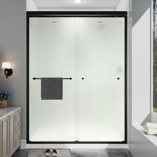 EASYWORC Double Sliding Shower Door, 49"-54" W x 70" H Semi-Frameless Frosted Shower Door, 1/4'' (6mm) Frosted SGCC Tempered Glass with Nano Coating and Explosion-Proof Film, Matte Black