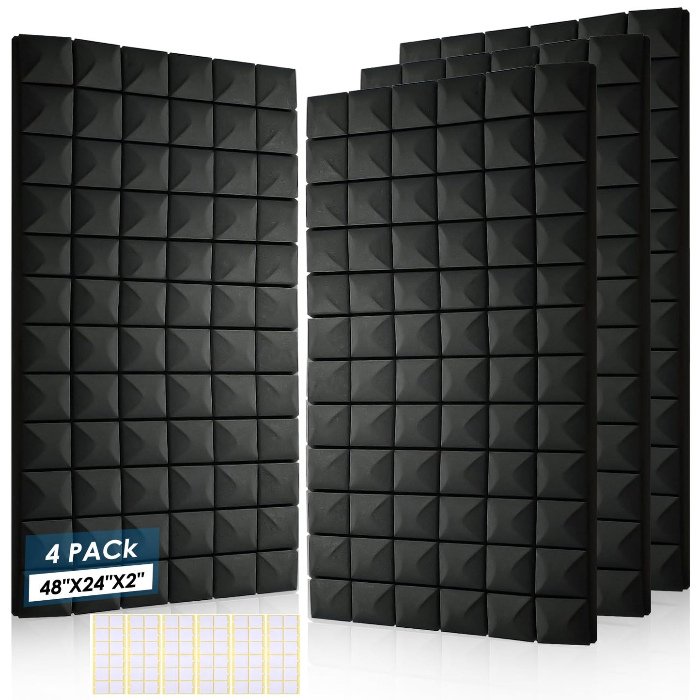 4 Pack Acoustic Panels, 48 x 24 x 2" Sound Proof Foam High Density Studio Wedge Tiles Fire Resistant Acoustic Panels for Home Office, Echo Reduction, Studio,Noise Dampening (Black-4 Pack)