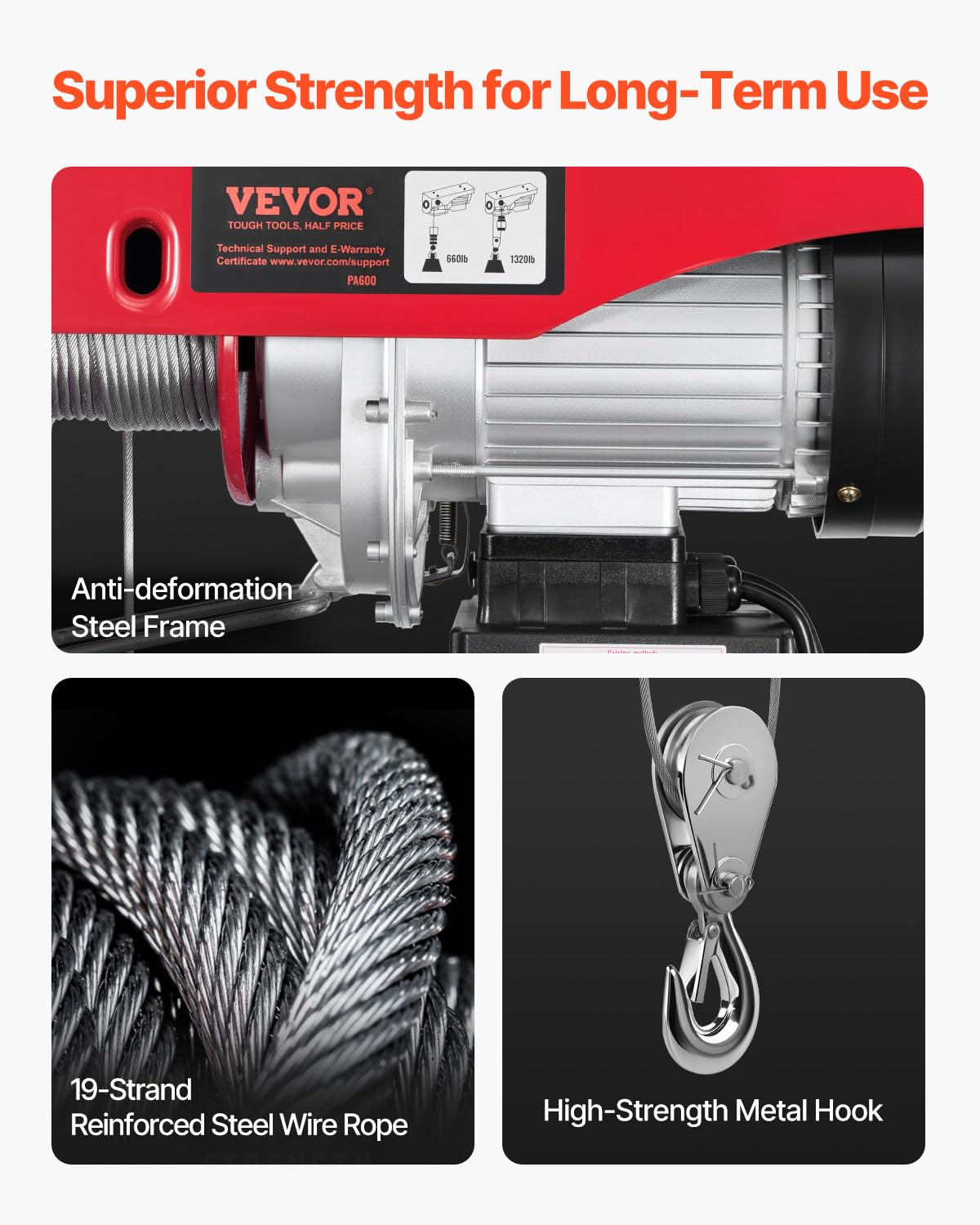 VEVOR Electric Hoist, 1320 lbs 120V Electric Winch with 328 ft Wireless & 14 ft Wired Remote Control, 40 ft Single Cable Lifting Height, Single/Double Slings, Lift Hoist for Garage Warehouse Factory