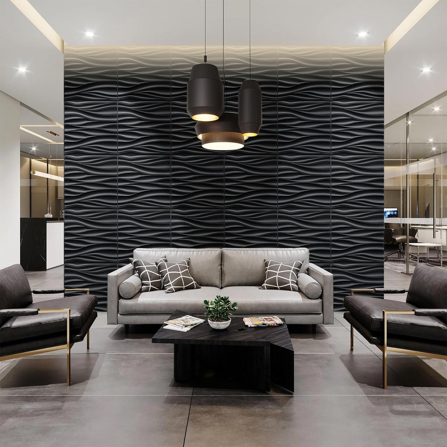 STICKGOO Black 3D Wall Panels, Wave Design Textured PVC Wall Panels, 19.7''x19.7'' Modern Accent Wall Panels for Interior Wall Decor Bedroom Office Living Room