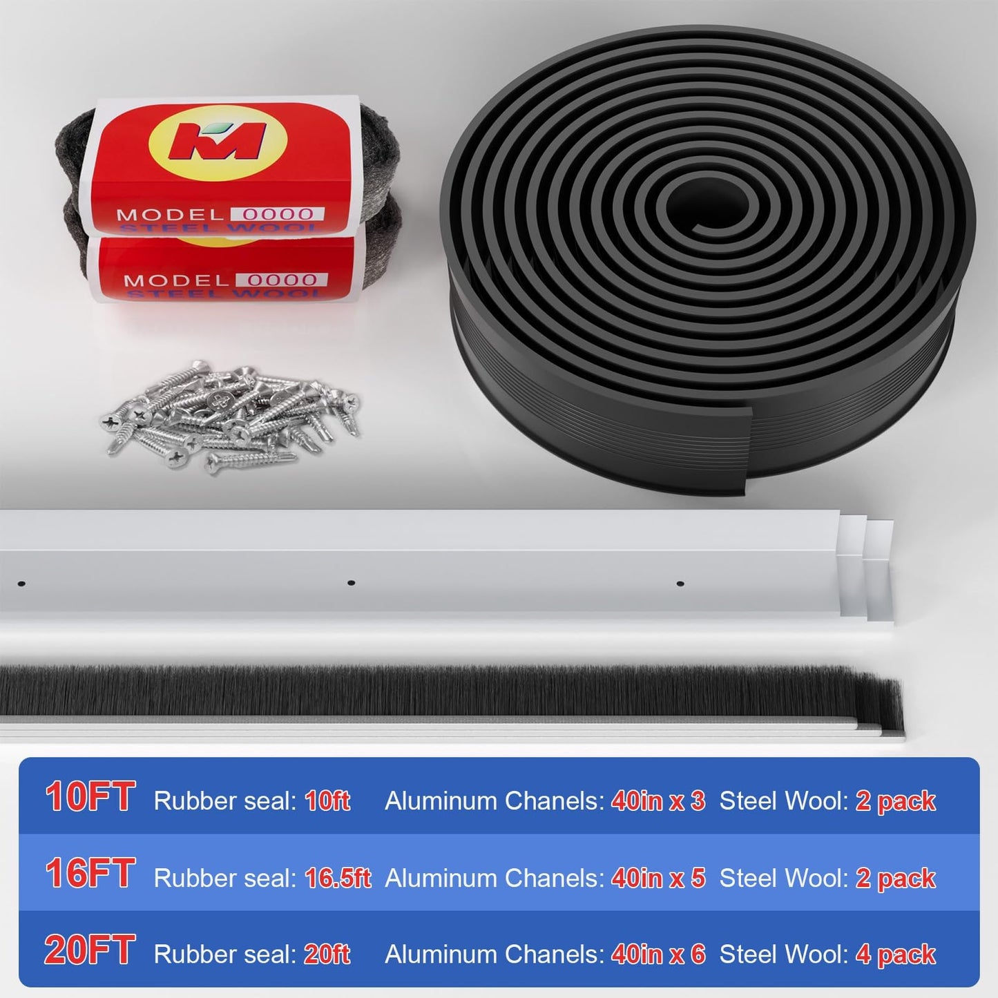 Heavy-Duty U+O Garage Door Seals Bottom Rubber with Aluminum Track Retainer Base + 5cm Brush Combination Kit
