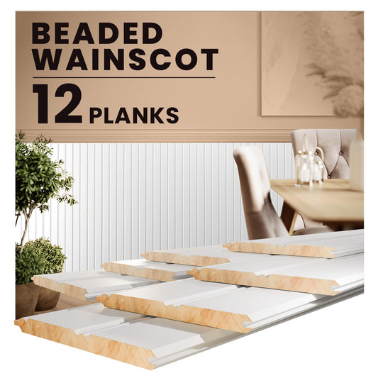 Interwood Real Wood Beadboard Wainscoting Panels - Primed Tongue and Groove Pine Solid Wood Wall Panels, 32” Tall, Knot-Free Interior Wall Paneling, Ready to Paint, 12 Planks (Covers 3.5 Lin. Ft.)