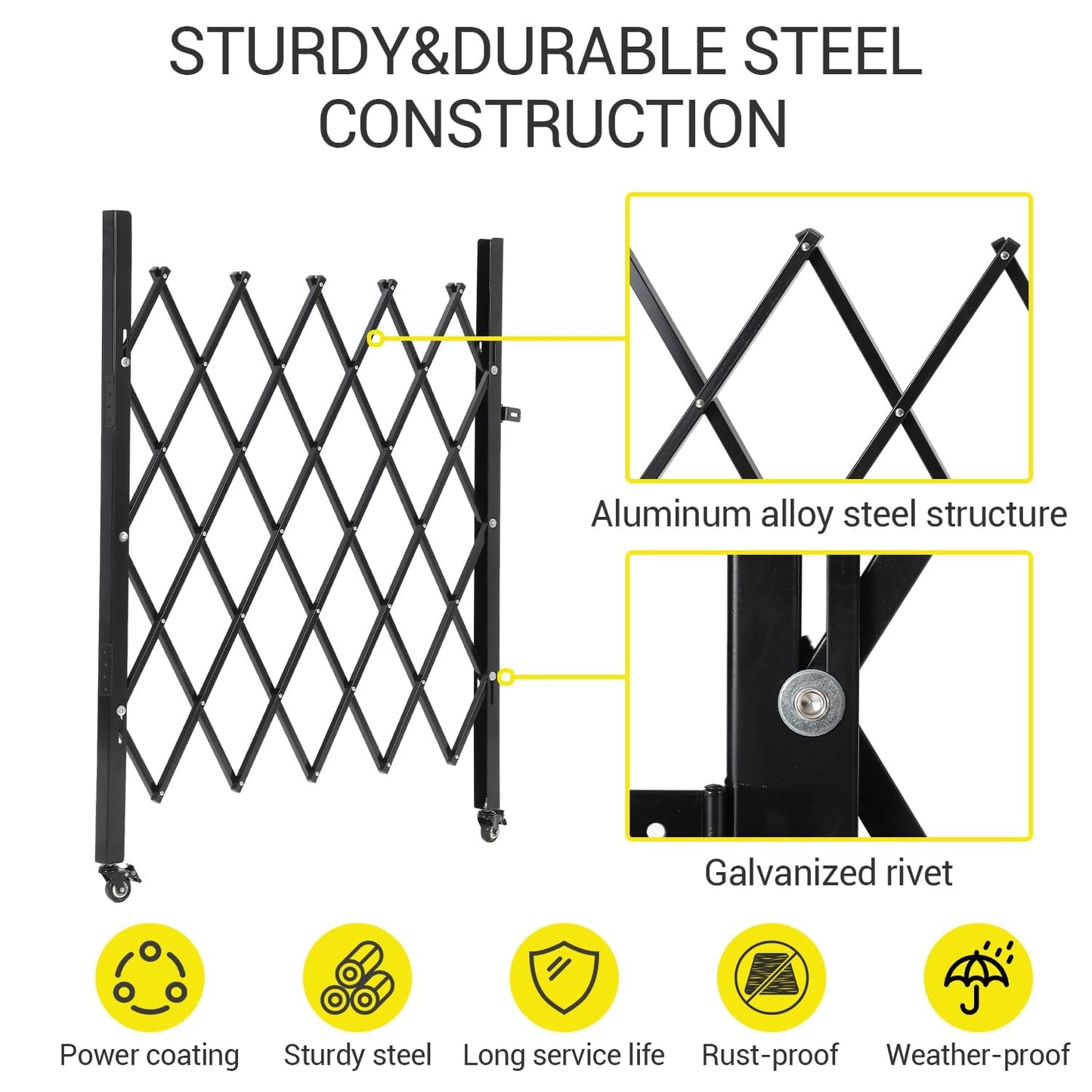 Single Expandable Gate, 64"H x 70"W Folding Security Door Gate, 360° Rolling Barricade Gate, Heavy-Duty Steel Outdoor Retractable Lockable Scissor Gates for Courtyards, Garages, Gardens, Pool
