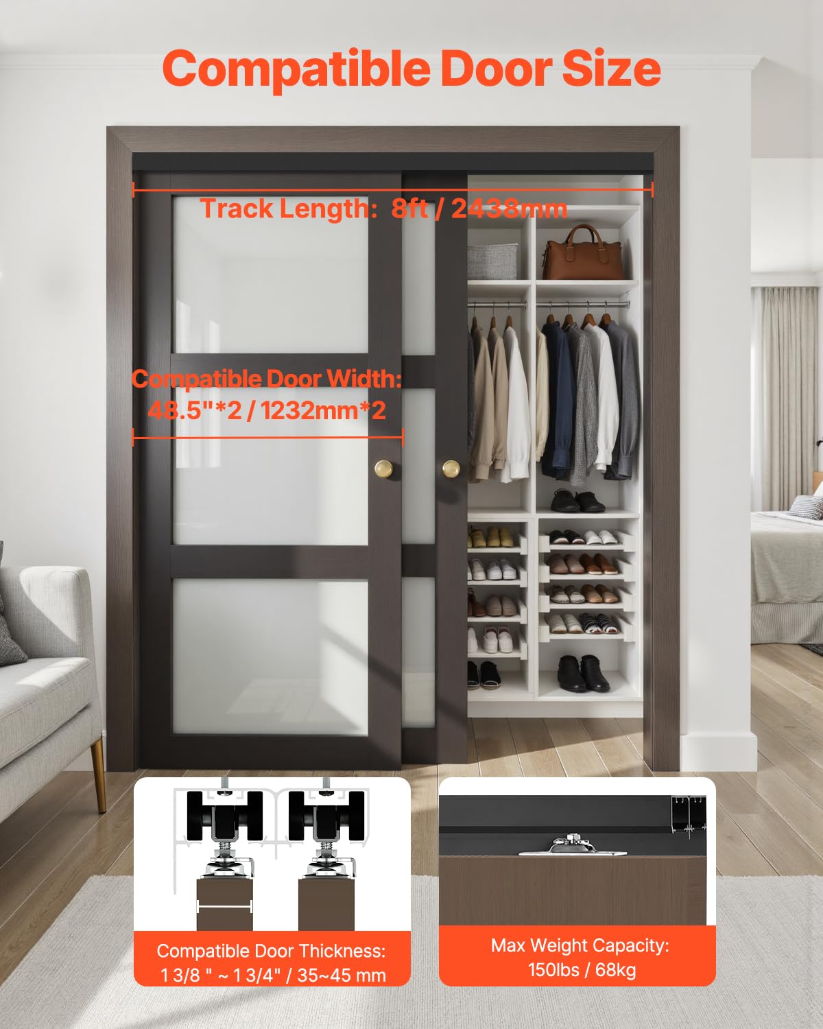 VEVOR Bypass Door Hardware, 8ft Heavy Duty Bypass Sliding Door Hardware Kit, Aluminum Alloy Sliding Closet Door Hardware Set with Finger Pulls, for 2 Door System, Fit Door Thickness 1 3/8" - 1 3/4"