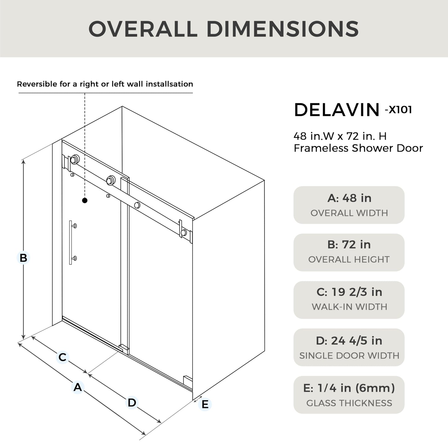 DELAVIN 44-48.in W x 72.in H Frameless Shower Door, Water Repellent Black Shower Door with 1/4" (6mm) Clear Tempered Glass, Easy Sliding Showe Door with Explosion-Proof Film, Stainless Steel Top Rail