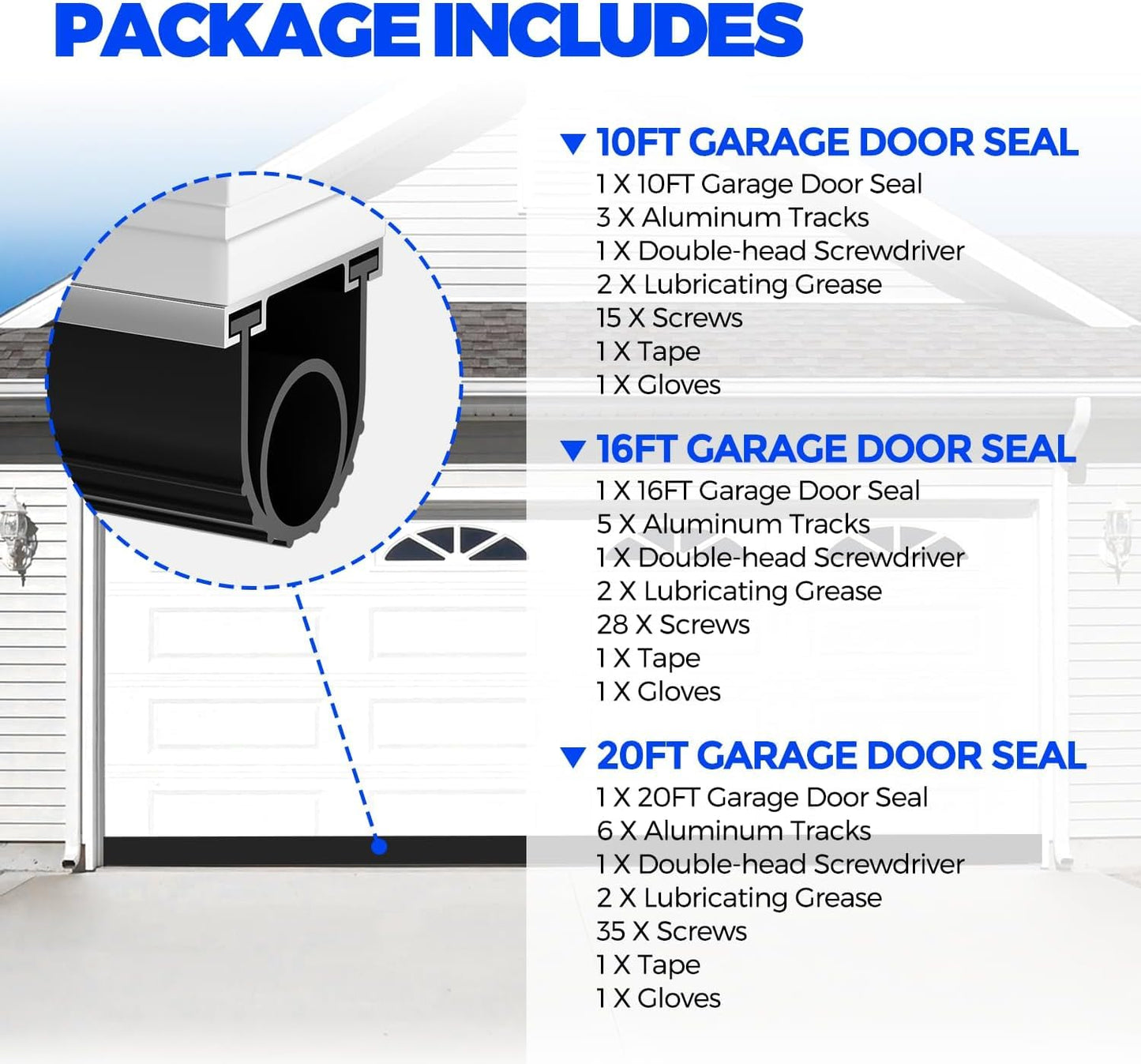Holikme Garage Door Seal - Door Seals Bottom Rubber, Pre-drilled Aluminum Track Retainer Kit, Garage Door Seal, Easy to Install, Durable U+O Ring, Black16FT
