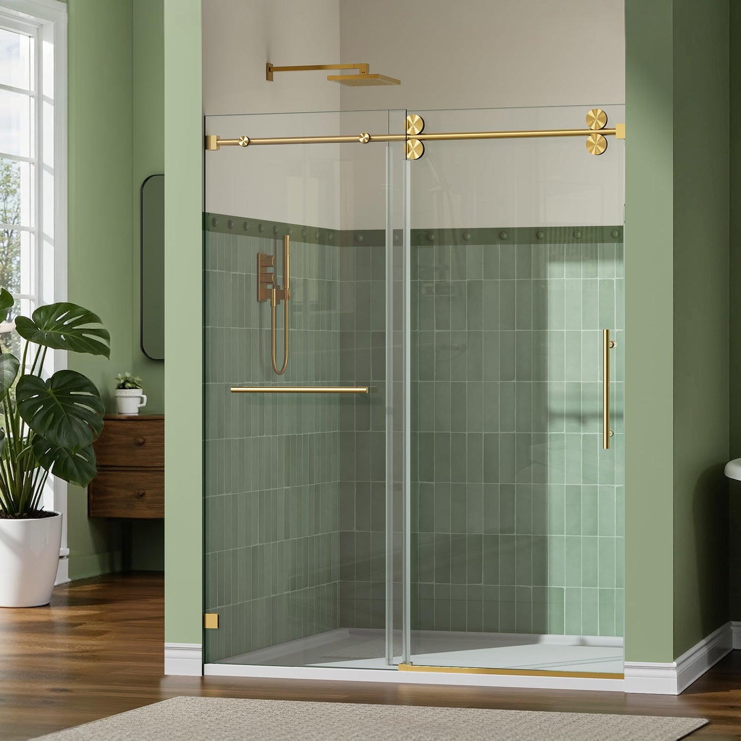 3/8" (10mm) Thick SGCC Tempered Glass Shower Door, 57-61" W x 79" H Frameless Shower Door with Stainless Steel Hardware，Quiet Soft-Close Sliding Shower Door（Brushed Gold）