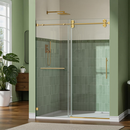 3/8" (10mm) Thick SGCC Tempered Glass Shower Door, 57-61" W x 79" H Frameless Shower Door with Stainless Steel Hardware，Quiet Soft-Close Sliding Shower Door（Brushed Gold）