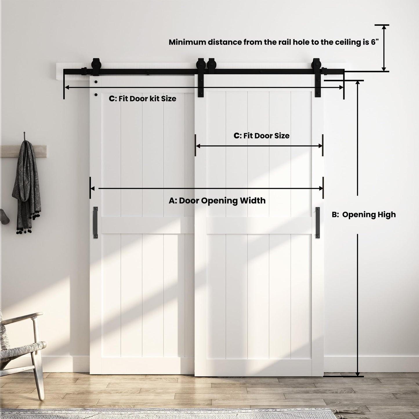 SmartStandard 36in x 96in Double MDF Sliding Barn Doors with 6.6FT Bypass Barn Door Hardware Kit, Save Space, Waterproof, Easy Install, Fit 60in-64in Openning, White