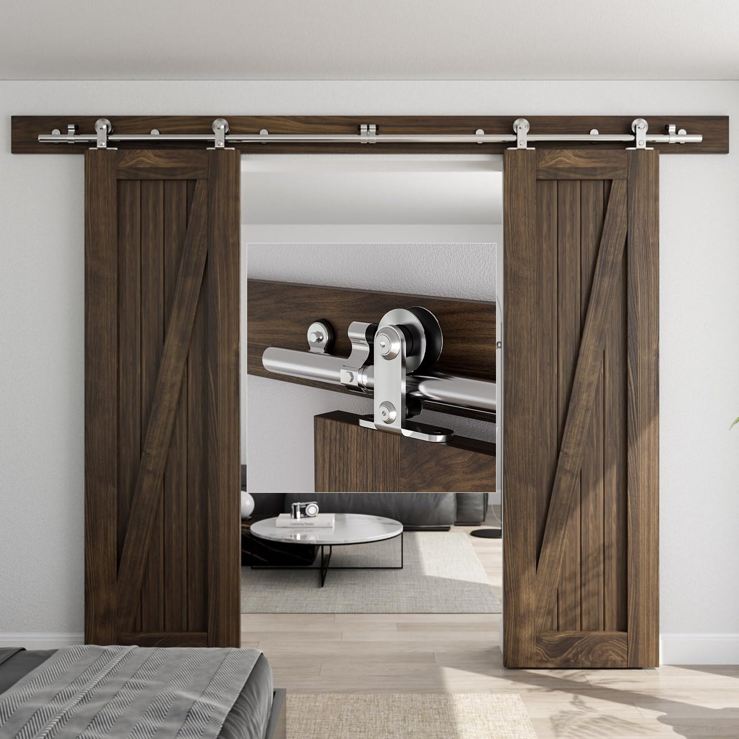 CCJH 6 FT Stainless Steel Sliding Door Hardware Kit, Top Mount Wooden Door Hardware for Double Door, Fit 18" Wide Door Panel, J Style