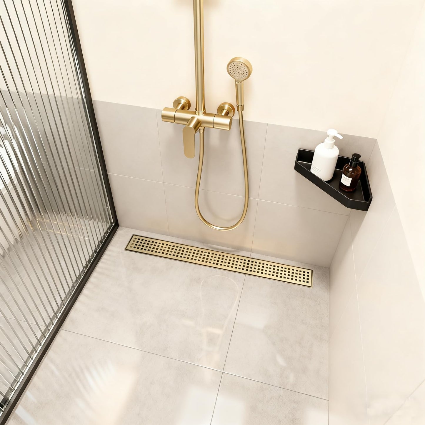 24-Inch Brushed Gold Linear Shower Drain, 304 Stainless Steel Long Linear Drain with Quadrato Pattern Grate, Rectangle Shower Floor Drain with Adjustable Feet, Hair Strainer, Fits Bathroom, Balcony