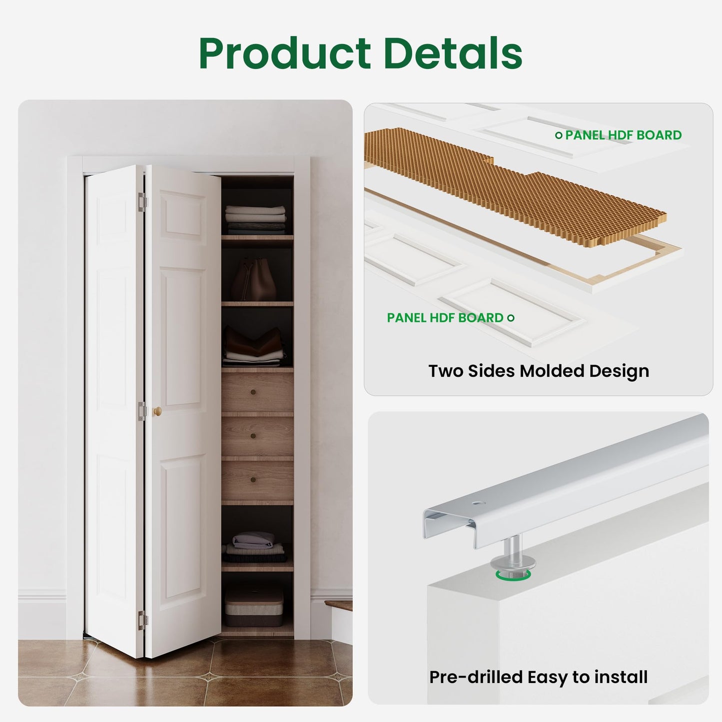 SMARTSTANDARD 32" x 80" Paintable Bifold Door, 3-Panels Closet Doors with Hardward Kits, White Primed Surface Ready for Painting, 29 2/5" x 78 2/5", Elegant Molded Design, Easy Installation