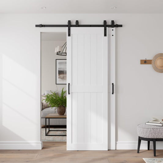 COSHOMER 28" x 84" Bypass Barn Door, Sliding Barn Door with 5FT Track Hardware Kit Included, H Shape Solid Core MDF Barn Doors, Waterproof PVC Surface, Save Space, Easy to Install, White