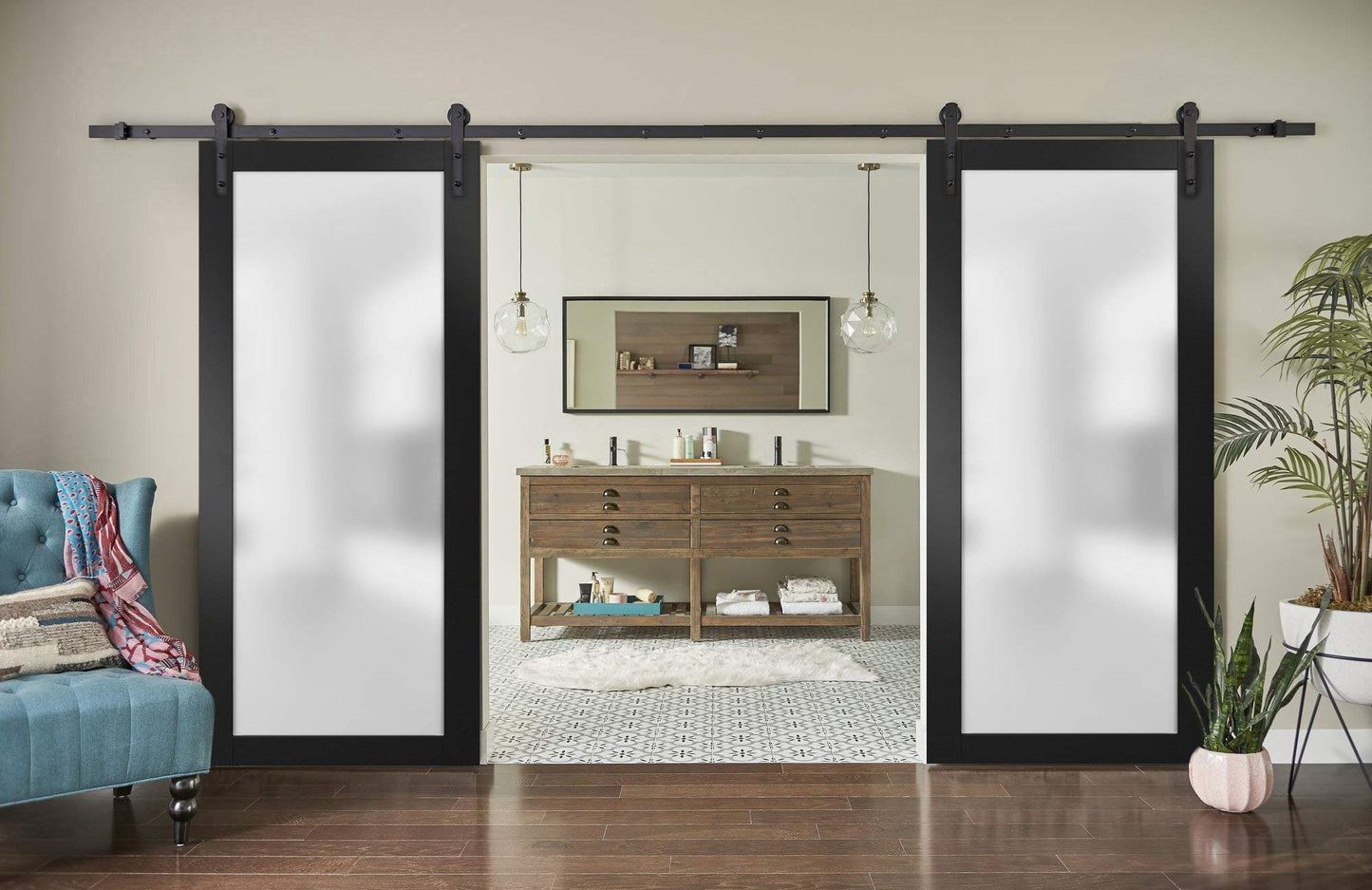 SARTODOORS Slab Barn Door Panel Frosted Glass Lite | Planum 2102 Matte Black | Sturdy Finished Modern Doors | Pocket Closet Sliding -30" x 80"