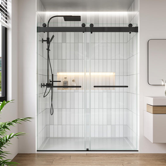 FEKEWIO Frameless Shower Doors 62-66" W x 76" H Double Sliding Soft Close 3/8"(10mm) Clear Tempered SGCC Shatterproof Glass Width Adjustable, DS13- Matte Black