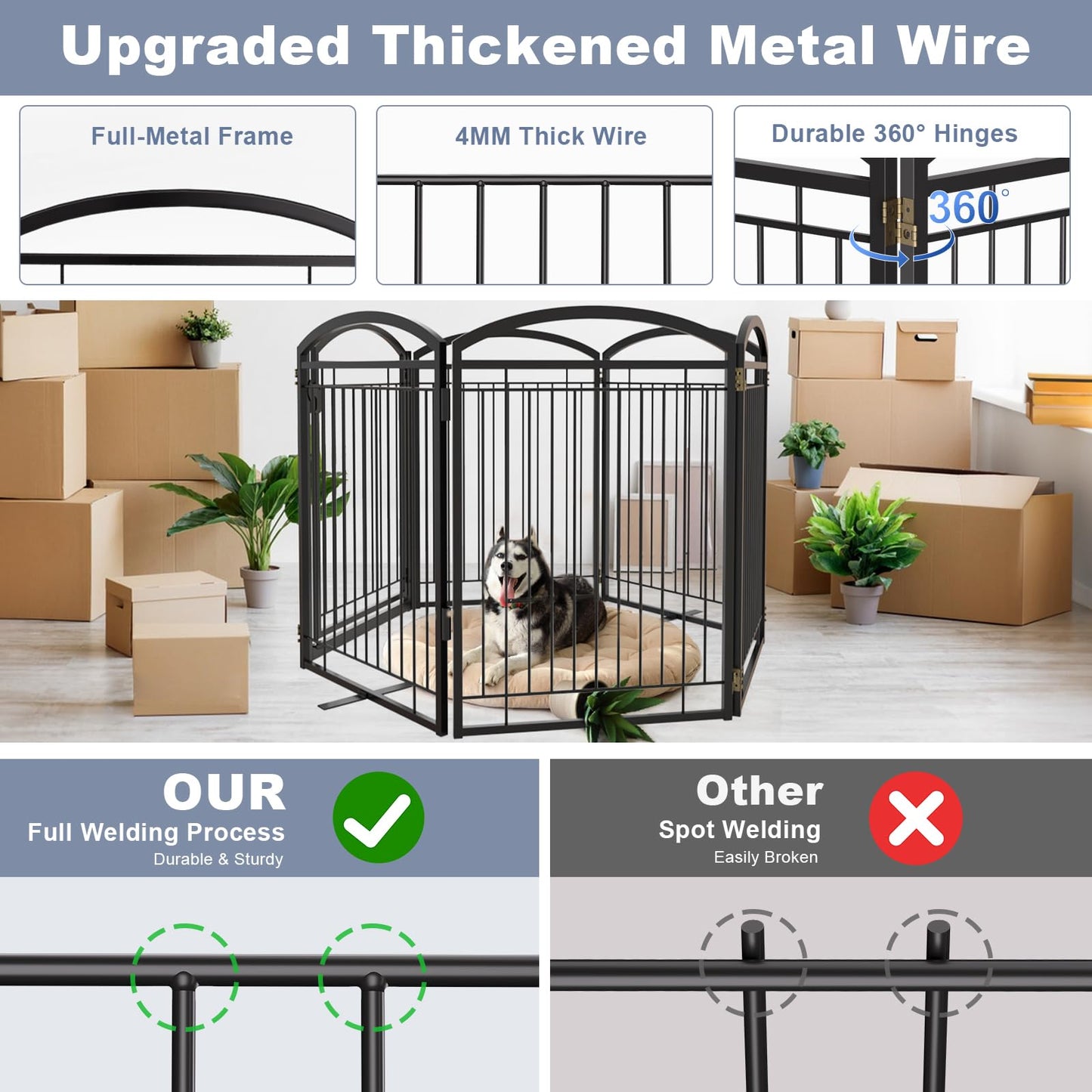 Full Metal Free Standing Dog Gate with Door for Indoor Outdoor, 144'' Extra Wide 36'' Tall Dog Gate for Doorways,Large Openings,Decks,Freestanding Portable Pet Fence(6 Panels,Black)
