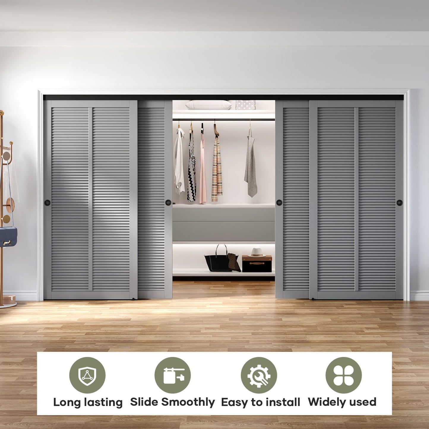 EaseLife 12FT/144in Bypass Double Sliding Pocket Door Hardware Kit,Commercial Grade,Aluminum,Bypassing Wardrobe Closet Door Track for 4 Door System,Slide Smoothly Quietly,Easy Install,Black,No Door