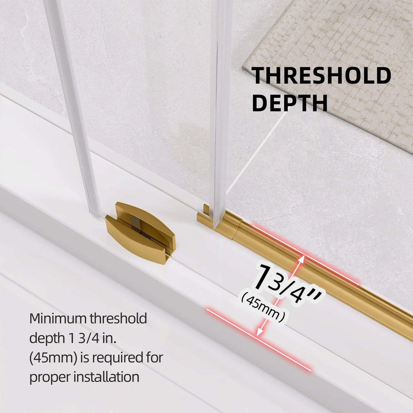OGONBRICK Frameless Glass Shower Door 44-48’’ W x 75’’ H, Single Sliding Shower Door, ANSI Tempered Clear Glass with Nano Coating, Brushed Gold, Stainless Steel Hardware, Low Threshold, Quiet Rollers