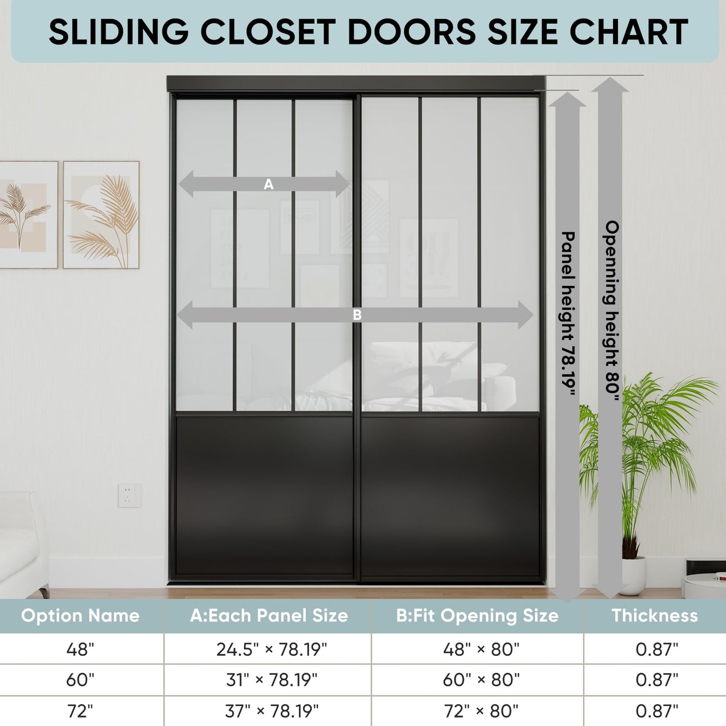 JUBEST Sliding Closet Door 60 x 80", Black Farmhouse Sliding Door with Top & Bottom Track Kits, Preassembled Frosted Glass Bypass Closet Door, Easy to Install
