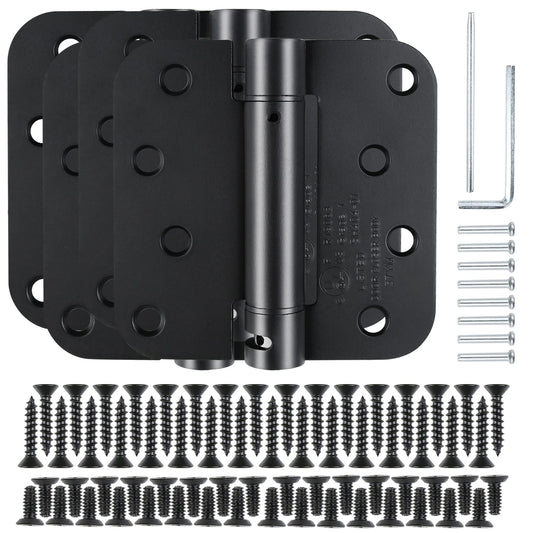 KIW Matte Black Modern 4x4x5/8 Steel Mortise Spring Hinges, 4 Pack, Self-Closing, Soft Close, 8 Holes, 1-3/4" Thick, Adjustable Tension