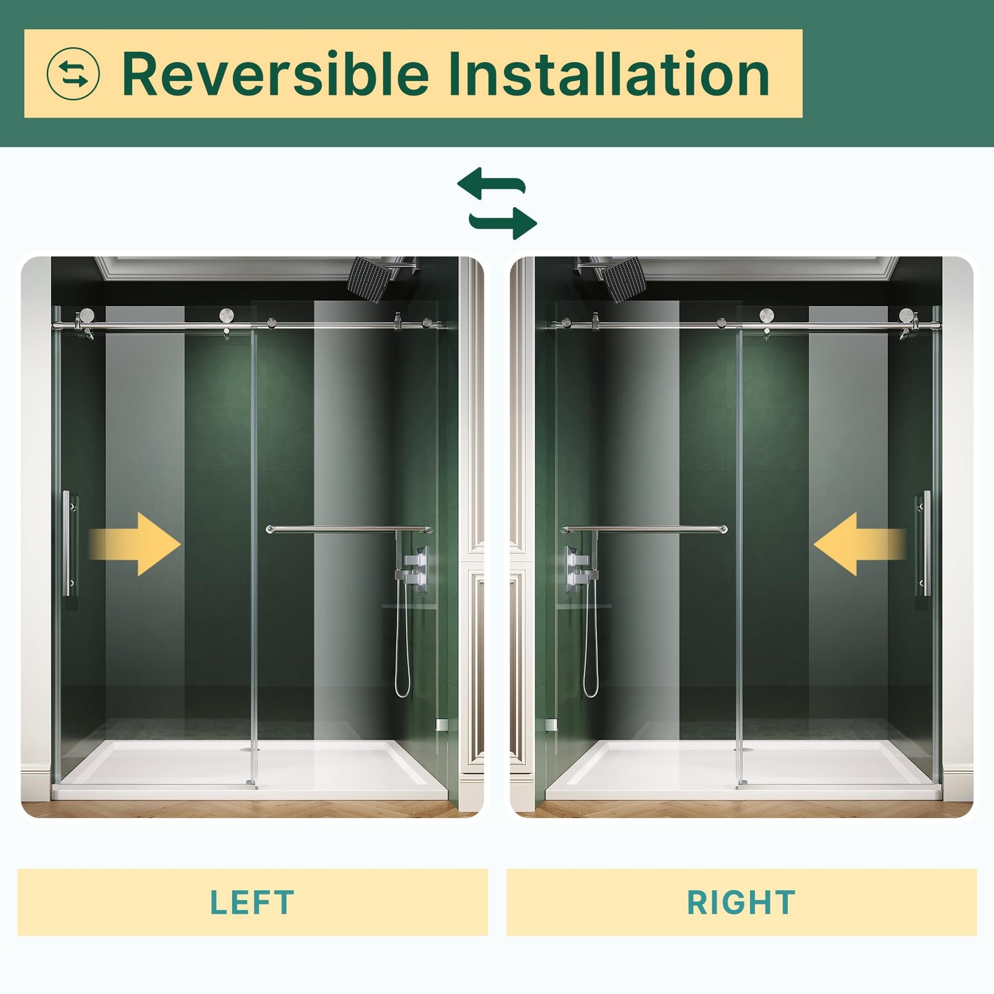 ELEGANT Frameless Sliding Shower Door 48" W x 76" H, Adjustable 44-48" Width, 5/16" (8mm) Tempered Glass, Stainless Steel Towel Bar, Chrome Finish