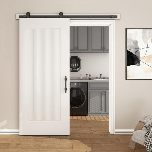 JUBEST 36''x84'' Sliding Barn Door, 1 Panel Reeded White Primed Sliding Closet Door with Matte Black 6FT Hardware Kit, Hollow Core Interior Door, Pre-Assembled Panel, Durable & Sturdy