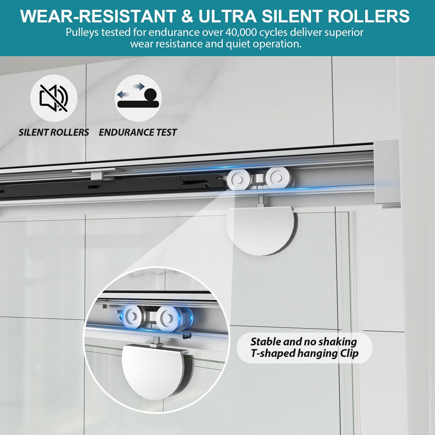 Frameless Shower Door with Soft-Close & Anti-Leak,5/16" (8mm) Double Sliding Shower Door,Nano Coating Anti-Explosion Film SGCC Tempered Glass 43"- 48" W x 76" H,Brushed Nickel