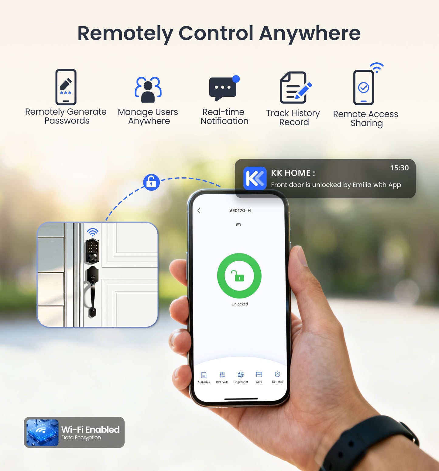 Veise VE017G-H Wi-Fi Smart Fingerprint Front Door Lock Set, Remote App Control, Keyless Entry Deadbolt with Handle, Backlit Keypad, IP55 Weatherproof, Auto Lock, Easy to Install, Satin Nickel