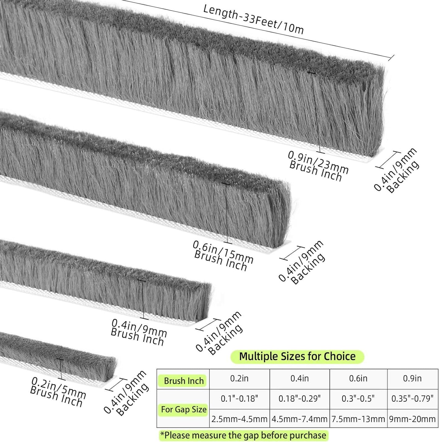 ZOMPAGO Strong Adhesive Brush Weather Stripping 0.9in (T）x 0.4in (W) x 33FT, Grey, Door Seal for Sliding Windows & Doors, Soundproof Noise Blocker, Draft Stopper for Garage Door Frame & Exterior Doors