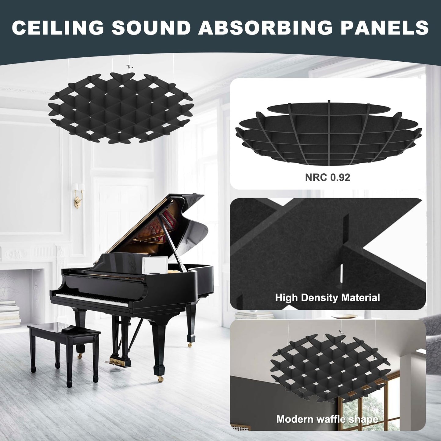 Acoustic Ceiling Panels, Sound Absorbing Panels Noise Reduction Acoustic Treatment for Office, Musice Studio, Home, Classroom (Hexagon, Black)