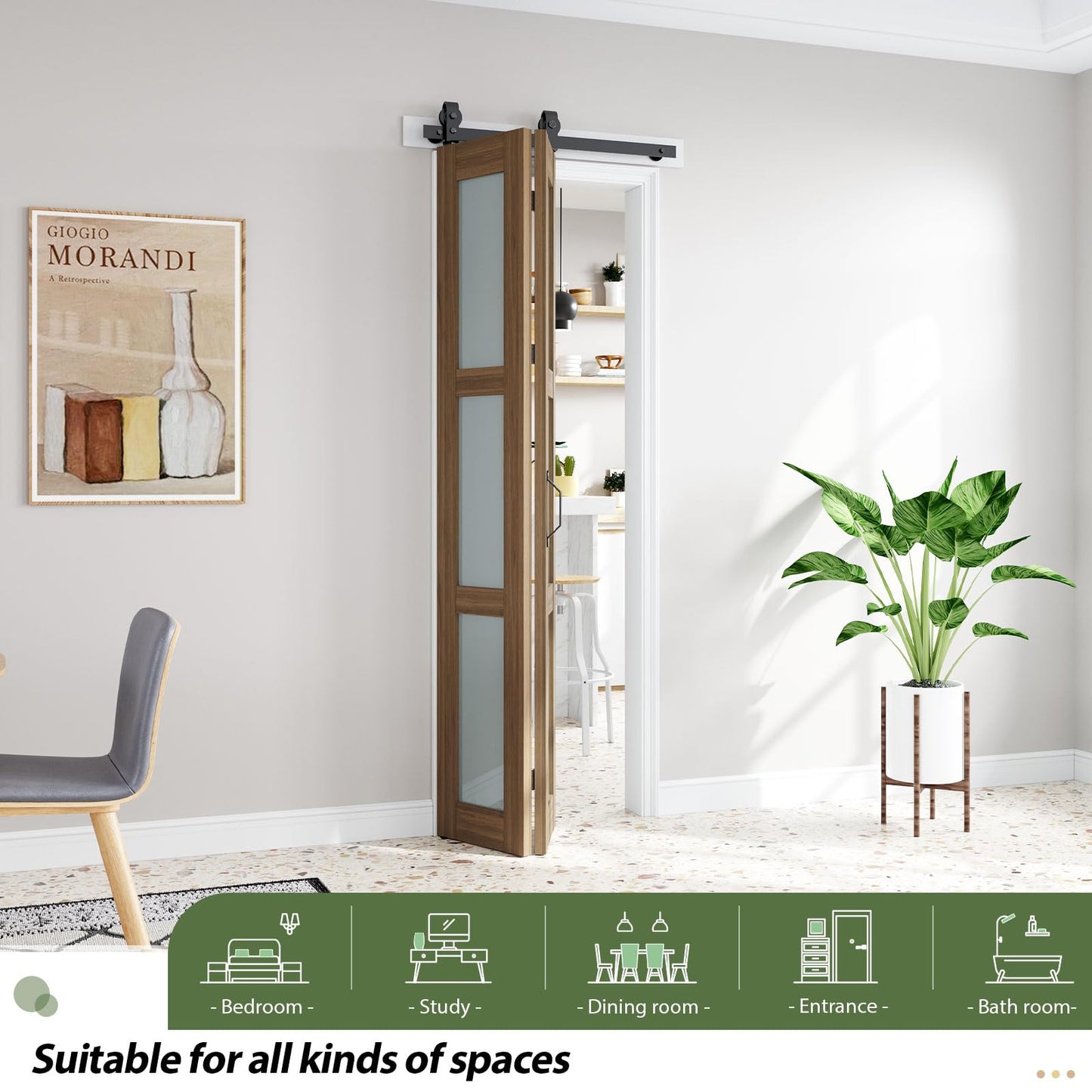 FREDBECK Bifold Barn Doors 30X84 (Double 15x84) with Frosted Glass and Hardware Kit Included, Brown,for Bedroom,Bathroom,Assembly Required