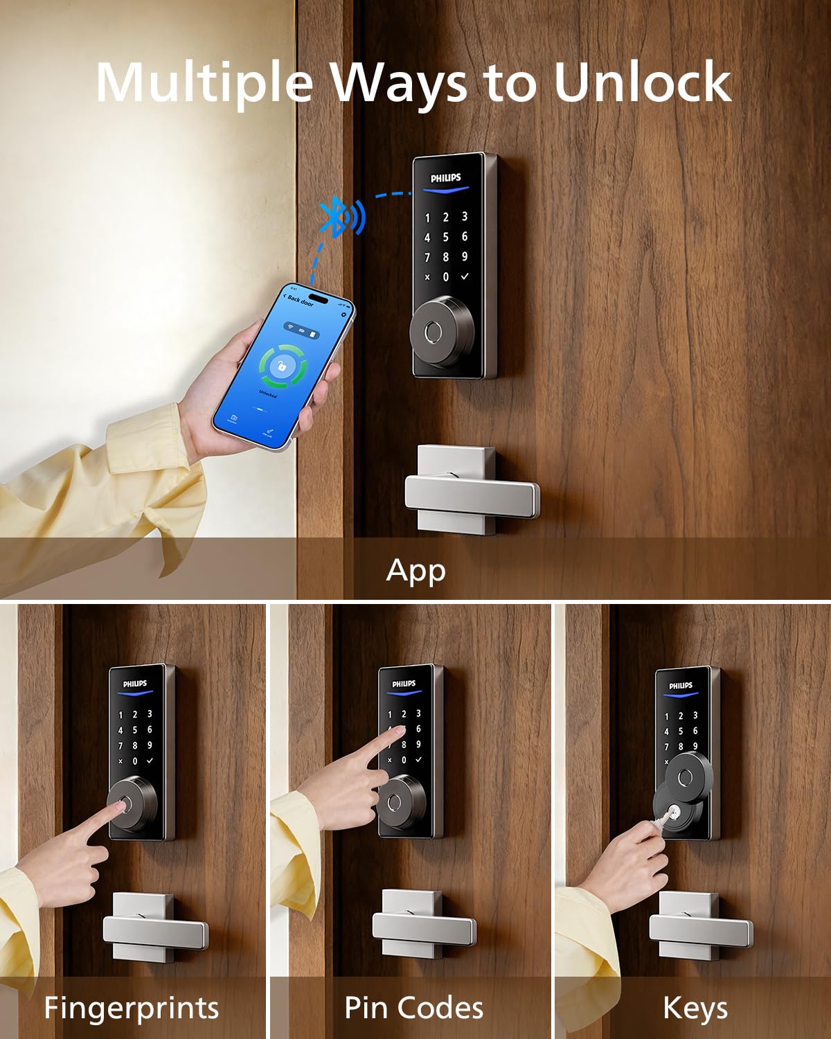Philips Smart Lock with Handles, Smart Door Lock with 2 Level Handles, Keyless Entry Door Lock Set, Digital Keypad Deadbolt for Front Door, App Fingerprint PIN Code Unlocking, Auto Locking