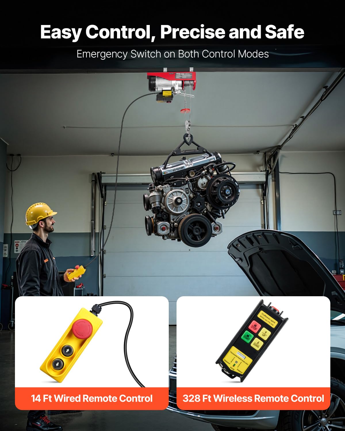 VEVOR Electric Hoist, 1320 lbs 120V Electric Winch with 328 ft Wireless & 14 ft Wired Remote Control, 40 ft Single Cable Lifting Height, Single/Double Slings, Lift Hoist for Garage Warehouse Factory