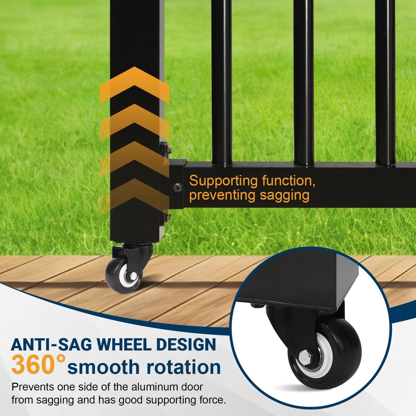 Deck Gate with Wheels, 36 x 45 Inches Auto-Closing Outdoor Railing Gate Fence Gate for H Railing, 1" Round Pipe with Latch,Cuttable Lockable for Outdoor Deck Patio