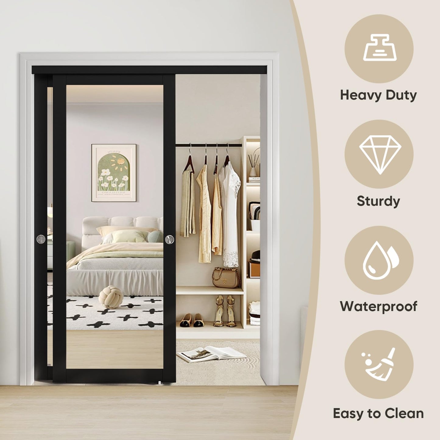 JUBEST 60" x 80" Mirror Closet Door, Preassembled One Side Mirror Door with Hardware Kit & Matching Fascia, Solid Wood Frame with Water-Proof PVC Surface, Easy to Install, Black