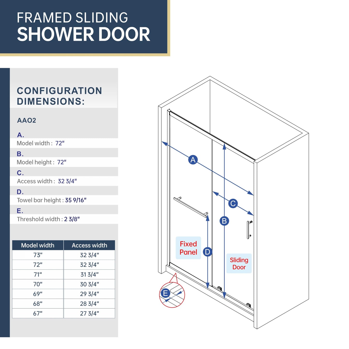 FELYL 72" Sliding Shower Door 67-72" W x 72" H, Chrome Finish, Single Sliding Door, Framed, Clear 1/4" (6mm) SGCC Tempered Glass, Reversible Installation