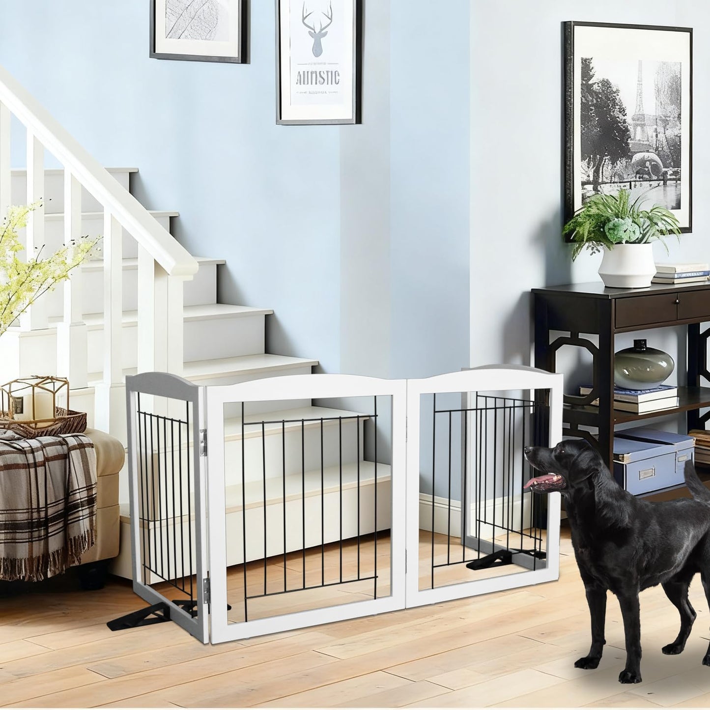 ZJSF Freestanding Dog Fence Indoor, Foldable Dog Gate for Doorways, Stairs or Hallways, Sturdy Wood Extra Wide Pet Gate with Support Feet for The House, White, 24 "Height-3 Panels