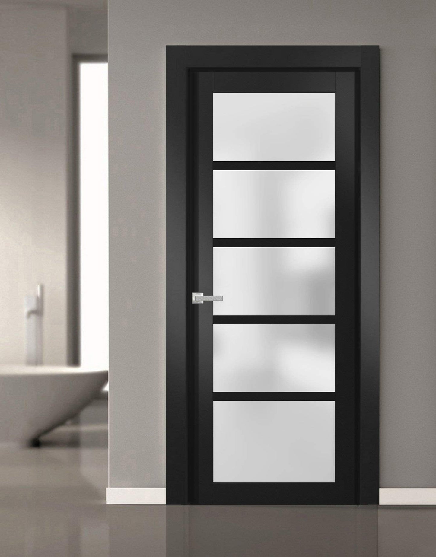 Sartodoors Quadro 4002 | 36 x 84 | Black Matte Interior Single Swing Door with Frosted Glass | Solid MDF Door in Modern French Style | Hardware Included