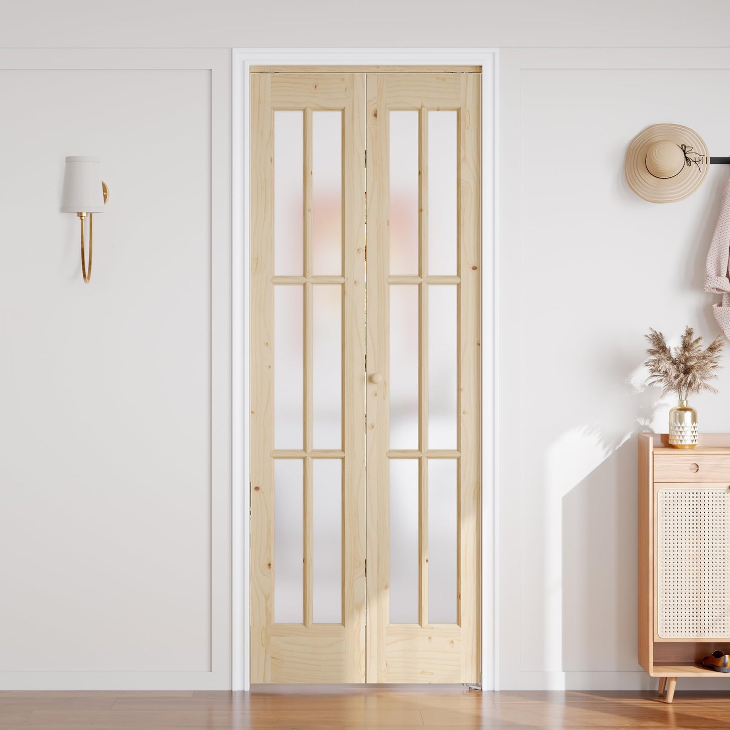 EaseLife 30"x 80" (Double 15" x 80") Bifold Barn Door, Tempered Frosted Glass Bifold Closet Door with 2.5FT Concealed Hardware Kit, Preassembled French Bifold Wood Door, Easy to Assemble,DIY Coloring