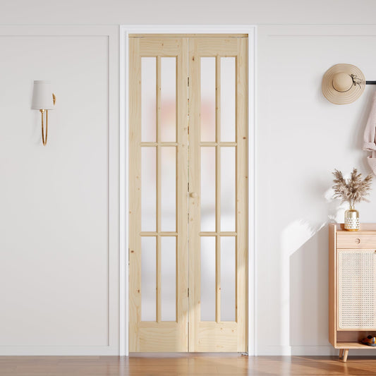 EaseLife 30"x 80" (Double 15" x 80") Bifold Barn Door, Tempered Frosted Glass Bifold Closet Door with 2.5FT Concealed Hardware Kit, Preassembled French Bifold Wood Door, Easy to Assemble,DIY Coloring
