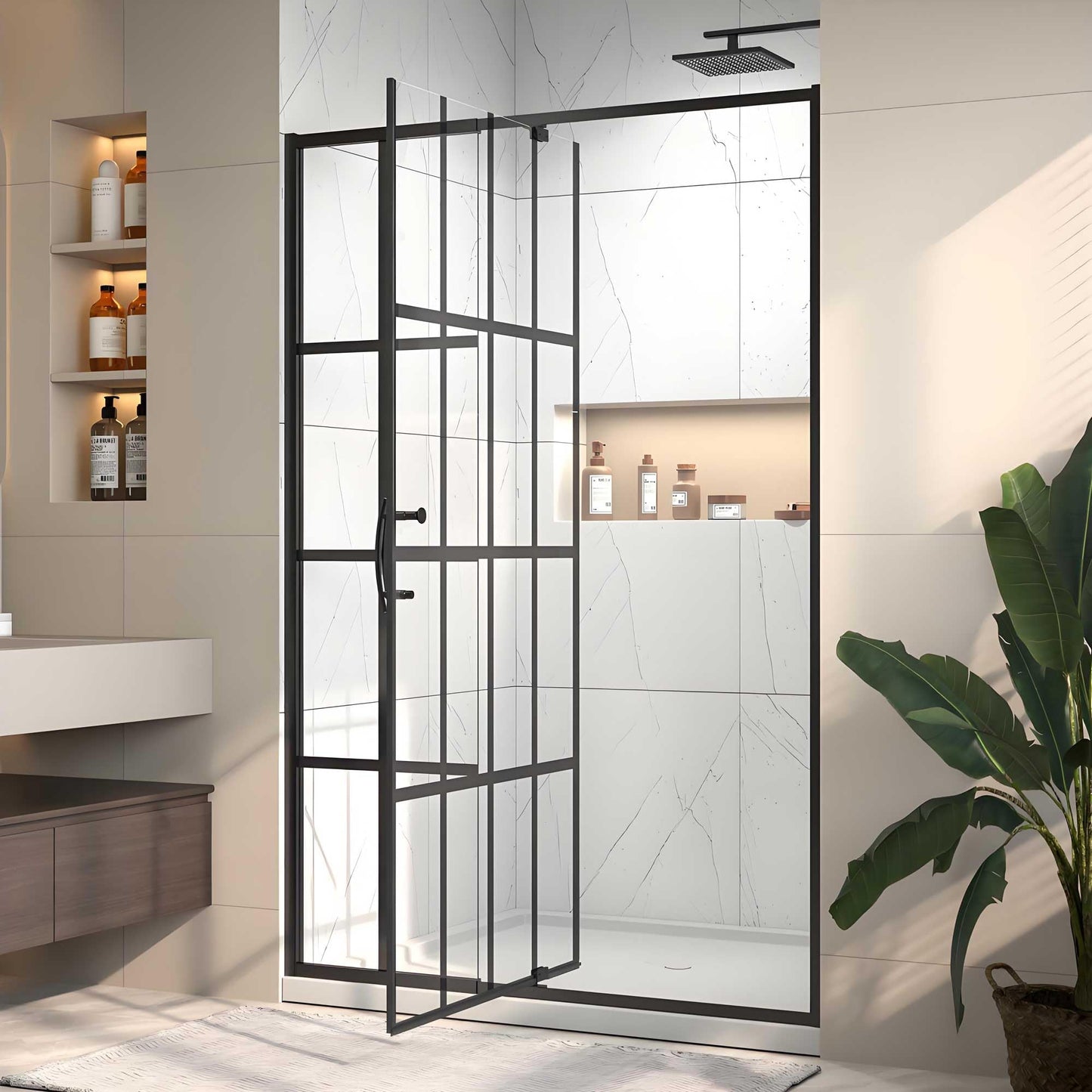 Rodkedc 44-48" W x 71" H Pivot Glass Shower Door,Grid Pattern,1/4"(6mm) Thick SGCC Tempered Shower Glass Door,Matte Black Shower Door,Reversible Installation
