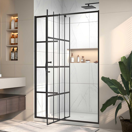 Rodkedc 44-48" W x 71" H Pivot Glass Shower Door,Grid Pattern,1/4"(6mm) Thick SGCC Tempered Shower Glass Door,Matte Black Shower Door,Reversible Installation