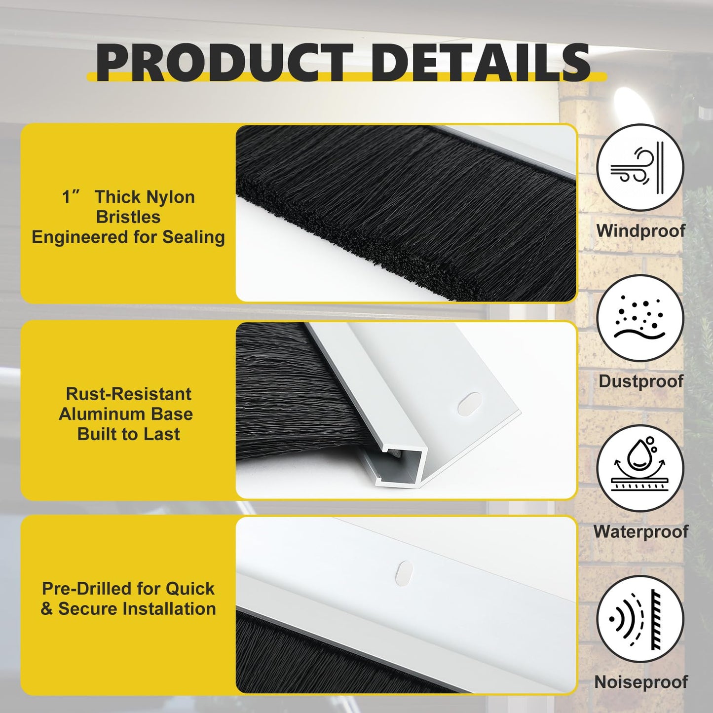 DoubleFill 12 x 10 ft Garage Door Brush Seal Kit, 3 Inch Roll up Door Seal with Aluminum Track, Heavy Duty Nylon Brush for Commercial Doors, Warehouse Barn, Energy Saving, Pest Proof, Black